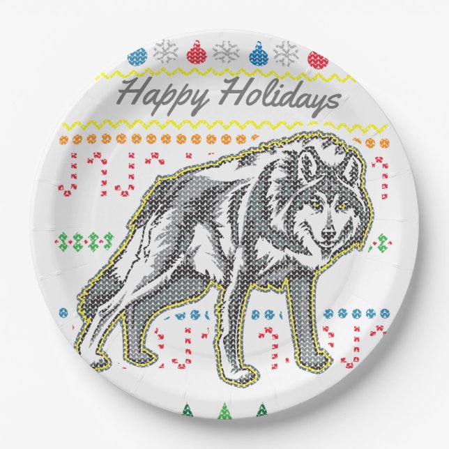Wolf Ugly Christmas Sweater Wildlife Series Paper Plates (Front)