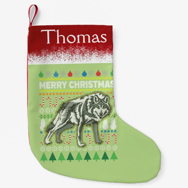 Wolf Ugly Christmas Sweater Wildlife Series Small Christmas Stocking (Front)