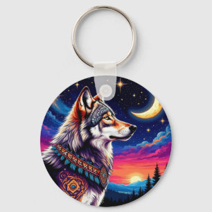Wolf Under the Crescent Moon at Night Keychain