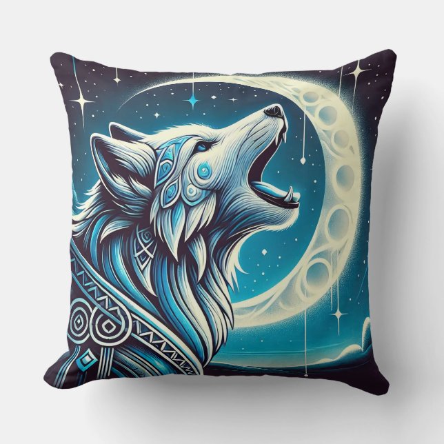 Wolf Under the Crescent Moon at Night Throw Pillow (Front)
