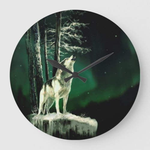 Wolf under the northern lights large clock