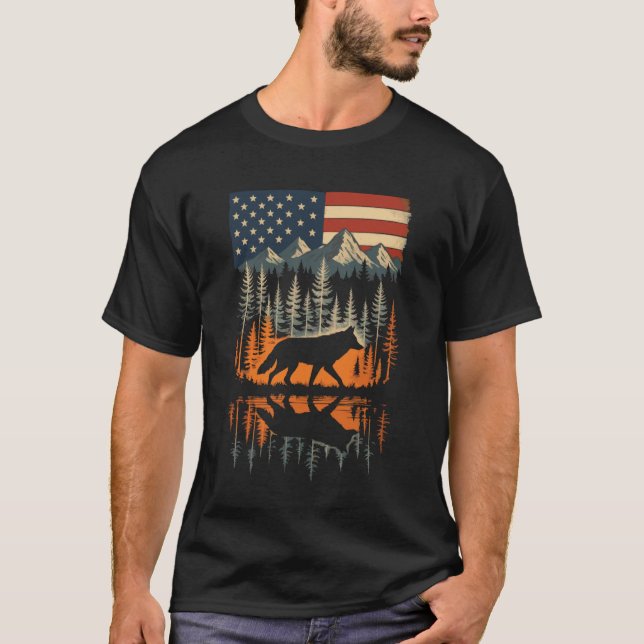 Wolf USA Flag Mountain Outdoor Wildlife Retro T-Shirt (Front)