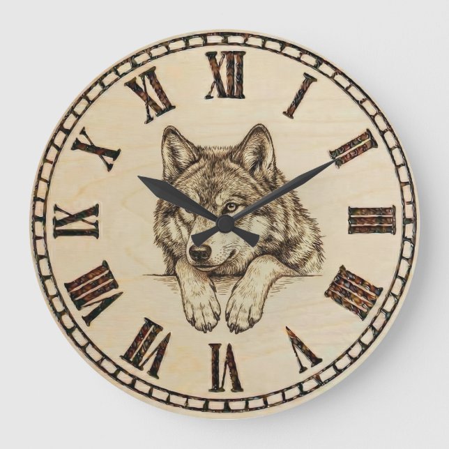 Wolf Wall Clock – Wood-Burned Style (Front)