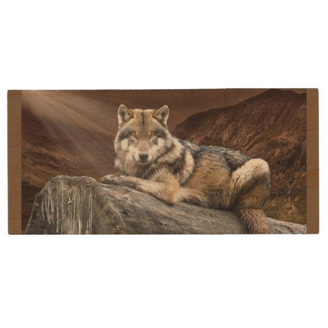Wolf Watching Wood Flash Drive (Front)