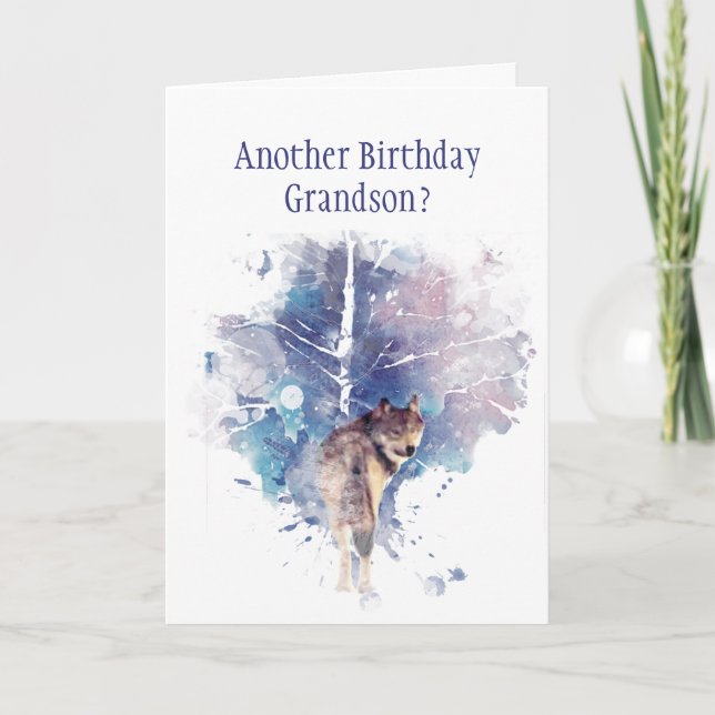 Wolf Watercolor Grandson Birthday Humor  Card (Front)
