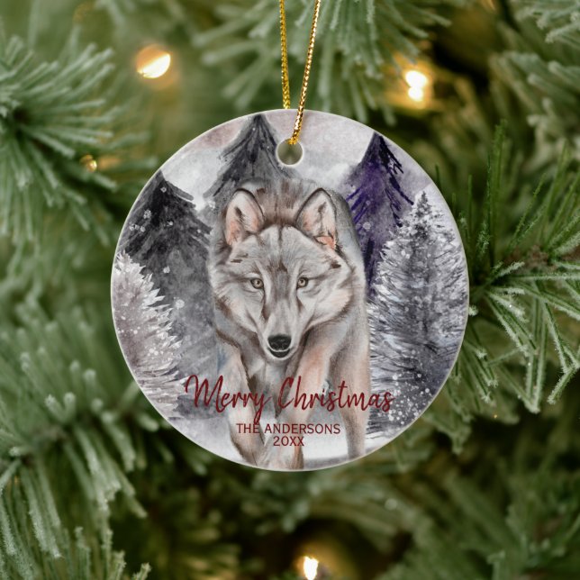 Wolf Watercolor in Dark Forest Christmas Ornament (Tree)