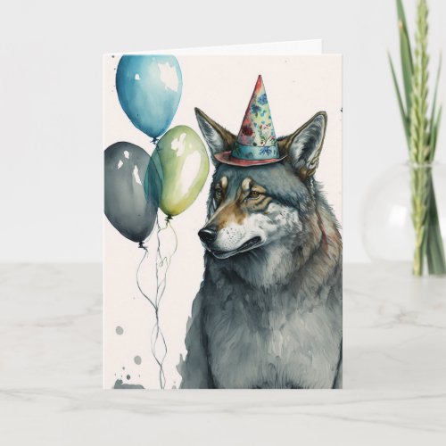Wolf Watercolor with Balloons Birthday Card