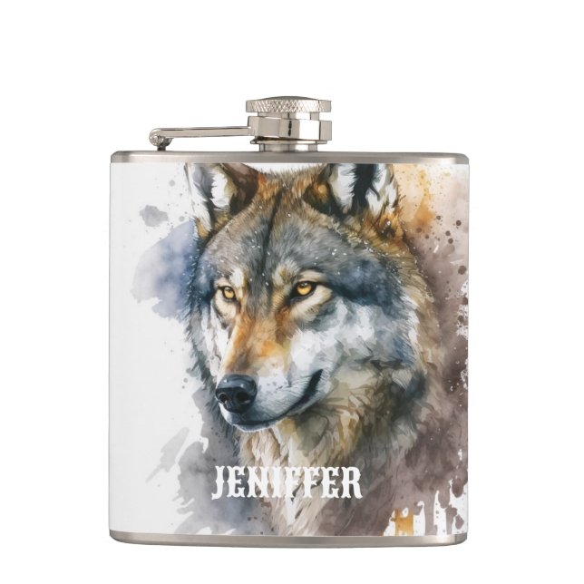 Wolf Watercolour Painting                          Flask (Front)