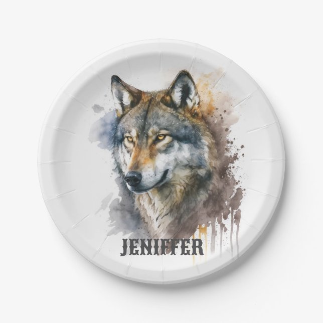 Wolf Watercolour Painting         Paper Plates (Front)