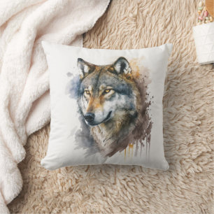 Wolf Watercolour Painting Throw Pillow