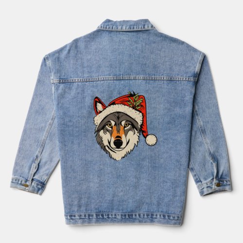 Wolf Wearing A Santa Hat  Denim Jacket