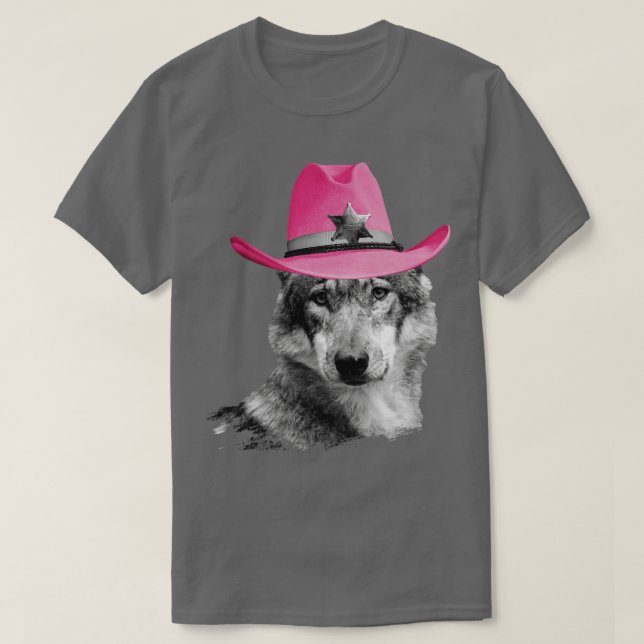 Wolf Wearing Pink Cowboy Hat Cowgirl T-Shirt (Design Front)