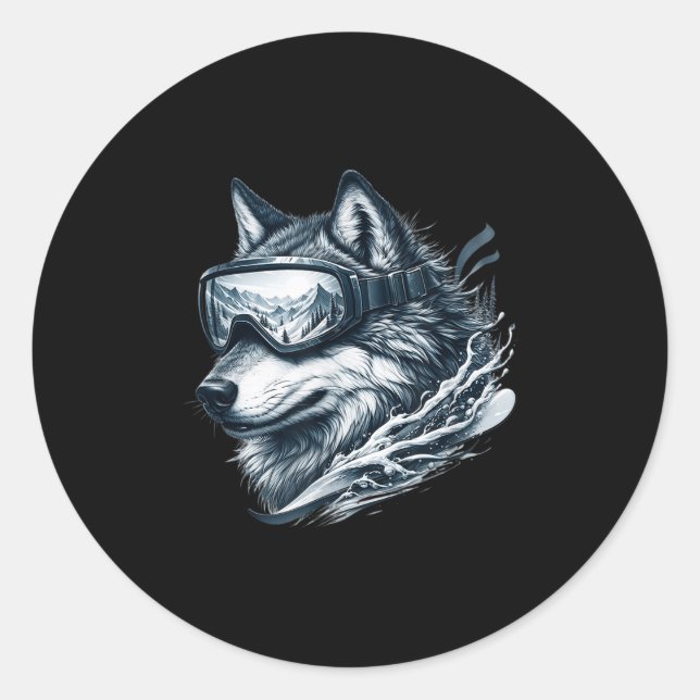 Wolf Wearing Ski Snowboard Goggles Wolf Skiing  Classic Round Sticker (Front)