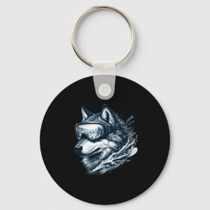 Wolf wearing ski snowboard goggles wolf skiing keychain