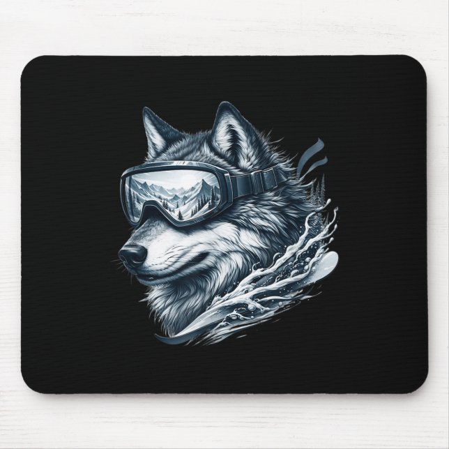 Wolf Wearing Ski Snowboard Goggles Wolf Skiing  Mouse Pad (Front)