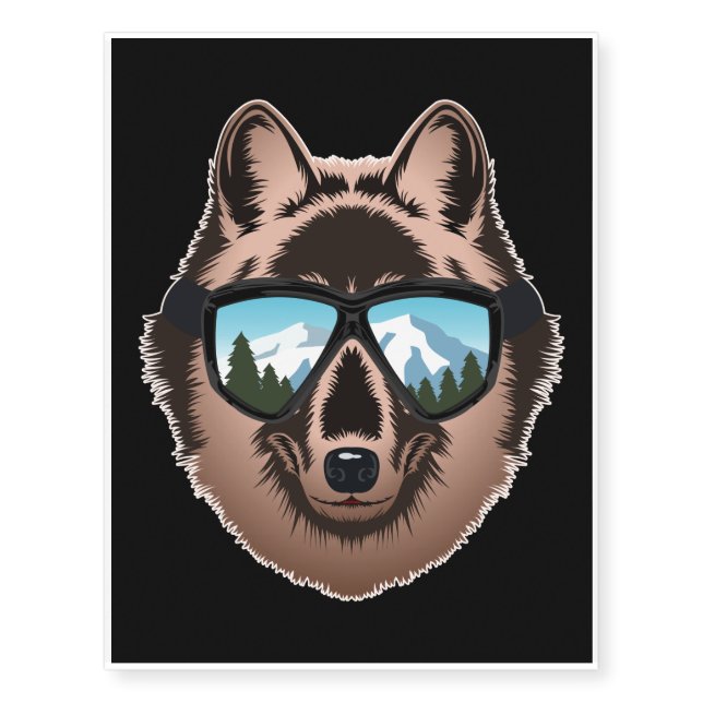 Wolf Wears Goggles Funny Skiing Snowboarding Gifts Temporary Tattoos (Front)