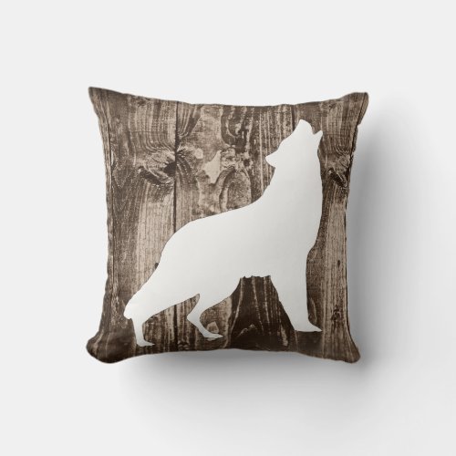 Wolf White Wildlife on Rustic Wood Cabin Throw Pillow