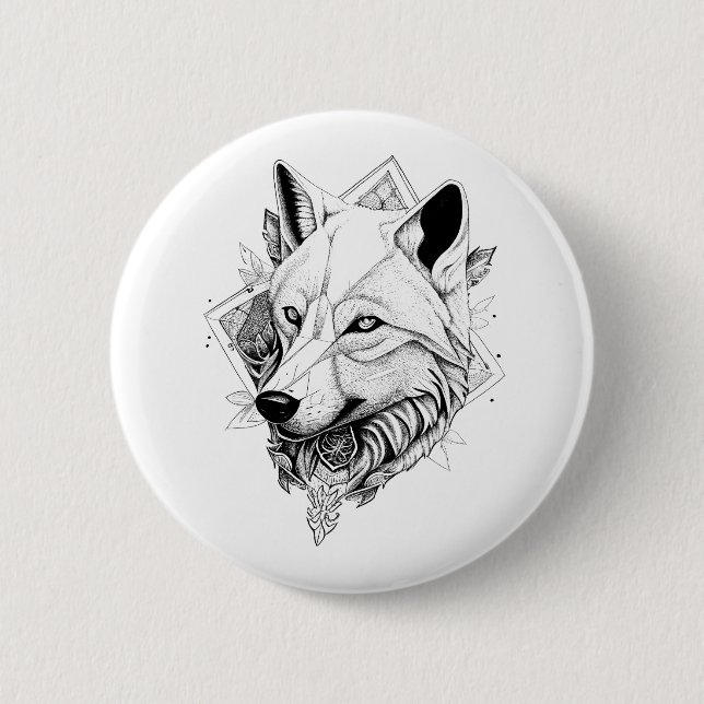 Wolf Wild Animal Nature Illustration Art Tattoo Button (Front)