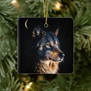 Wolf Wildlife and Moon Christmas Holiday Ceramic Ornament