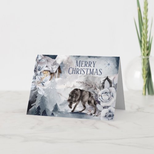 Wolf winter log cabin country woodland snow scene card