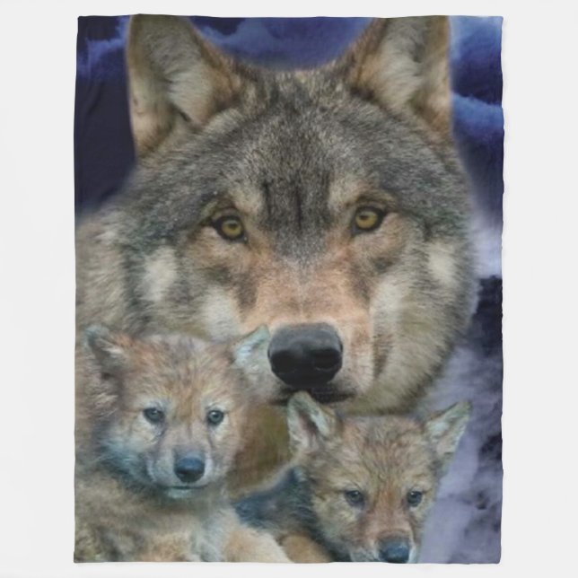 WOLF with 2 CUBS Fleece Blanket (Front)