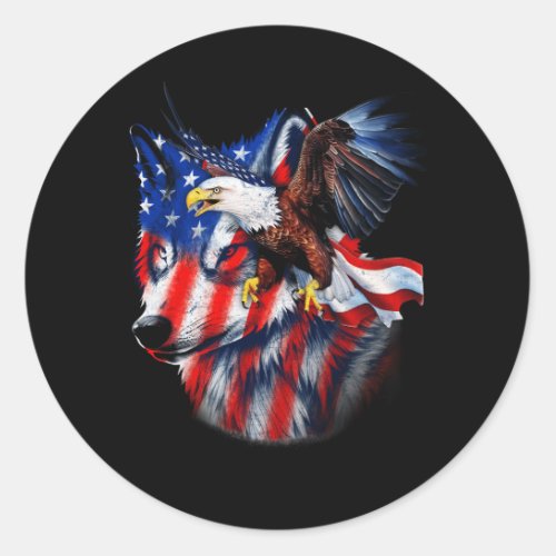 Wolf with Bald Eagle American Flag Independence Da Classic Round Sticker