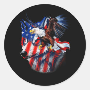 Wolf with Bald Eagle American Flag Independence Da Classic Round Sticker