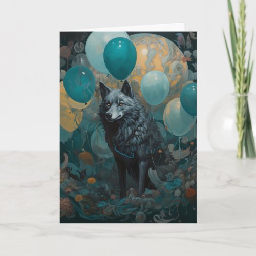 Wolf With Balloons Birthday  Card