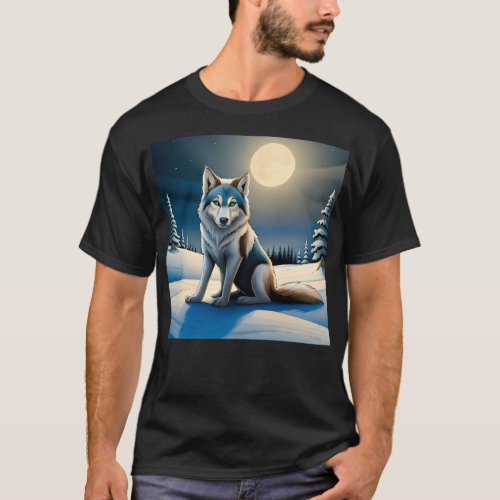 Wolf with blue eyes in the night T_Shirt