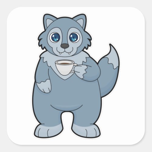 Wolf with Cup of Coffee Square Sticker