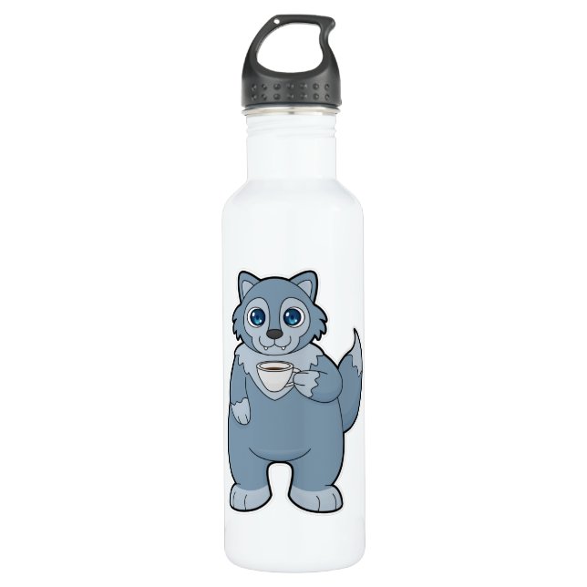 Wolf with Cup of Coffee Stainless Steel Water Bottle (Front)
