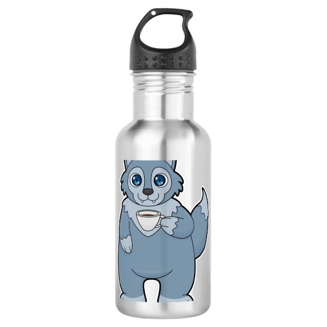 Wolf with Cup of Coffee Stainless Steel Water Bottle (Front)