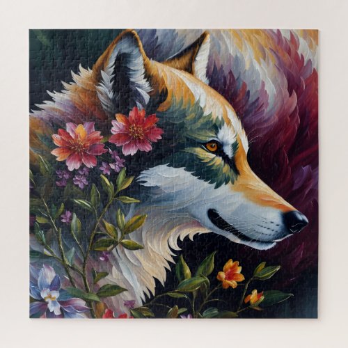 Wolf With Flowers Multicolor Art Jigsaw Puzzle