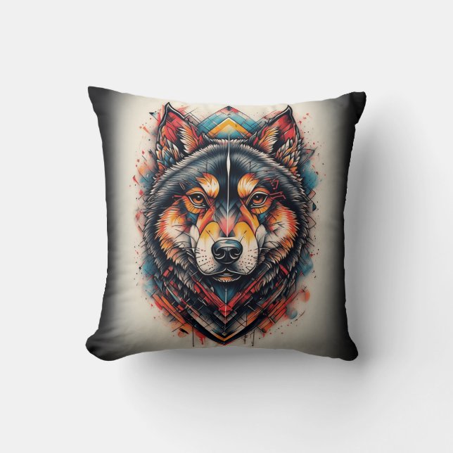 Wolf with Geometric Elements and Vibrant Colors Throw Pillow (Front)