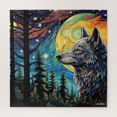 wolf with moon in a forest Puzzle for all ages