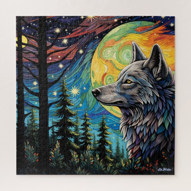 wolf with moon in a forest Puzzle for all ages (Vertical)