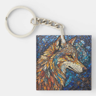 Wolf with Vibrant Colorful Glass Pieces Keychain