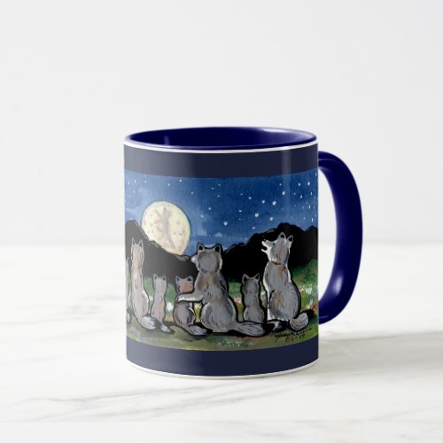 Wolf Wolves Howling at Moon Designer Dark Blue Mug