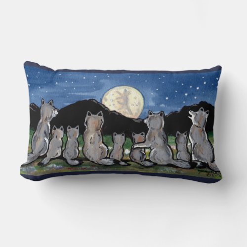 Wolf Wolves Howling at Moon Night Designer Pillow