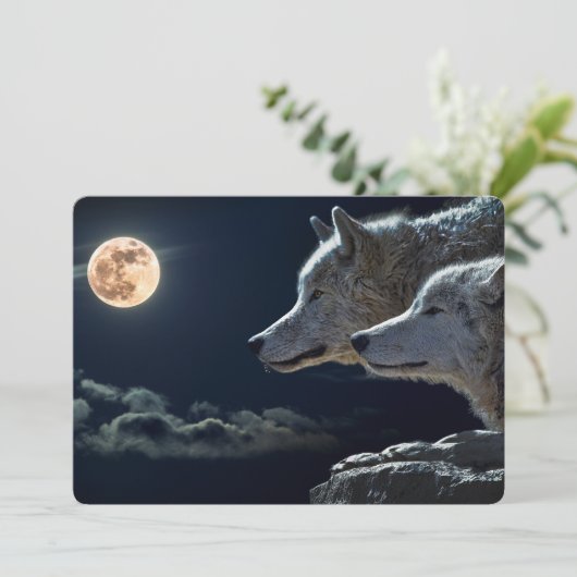 Wolf Wolves Howling at the Full Moon at Night (Standing Front)