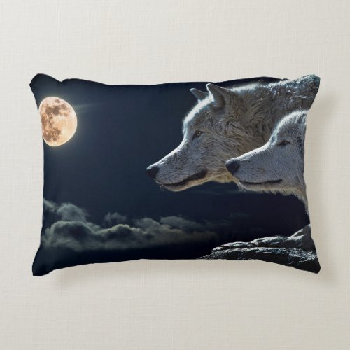 Wolf Wolves Howling at the Full Moon at Night Decorative Pillow