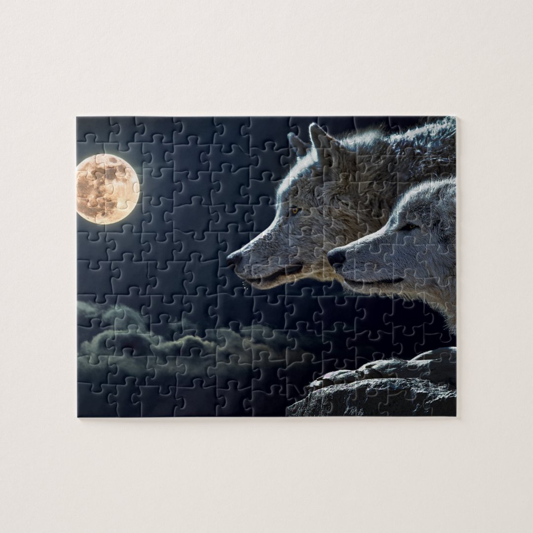 Wolf Wolves Howling at the Full Moon at Night Jigsaw Puzzle | Zazzle