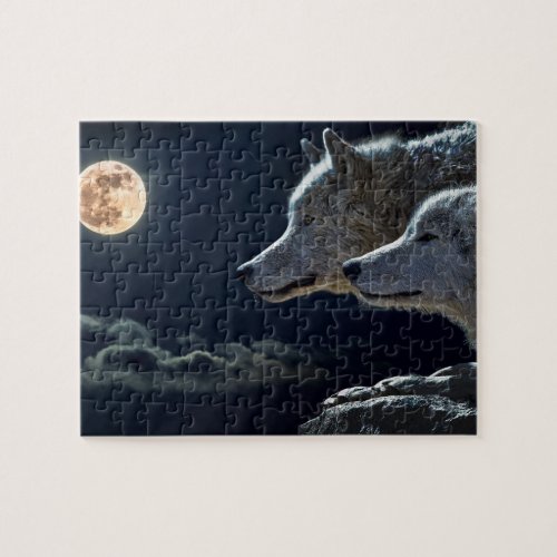 Wolf Wolves Howling at the Full Moon at Night Jigsaw Puzzle