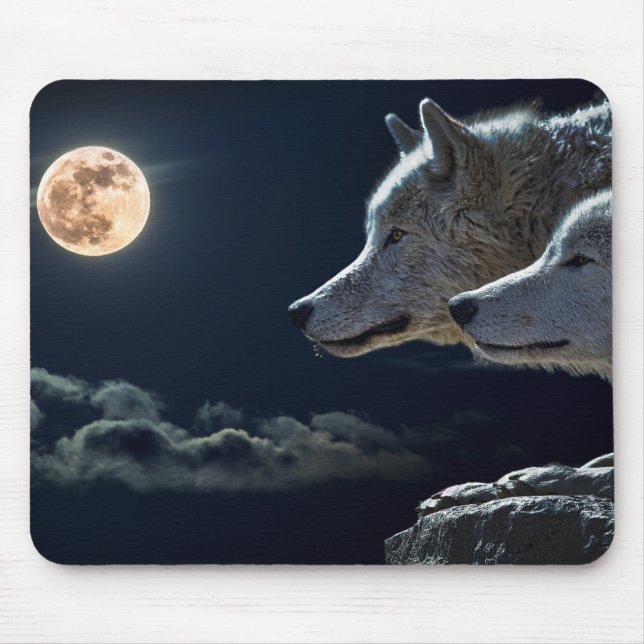 Wolf Wolves Howling at the Full Moon at Night Mouse Pad (Front)