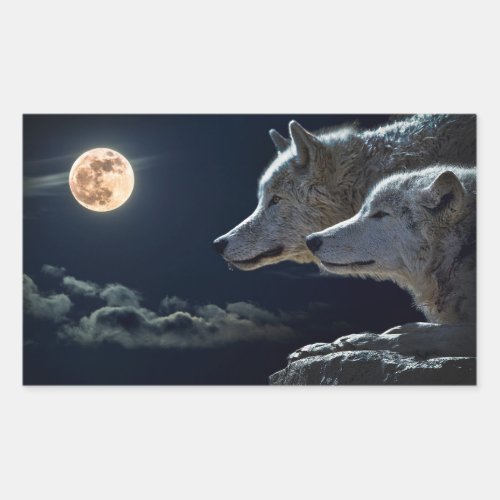 Wolf Wolves Howling at the Full Moon at Night Rectangular Sticker