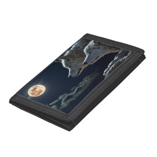 Wolf Wolves Howling at the Full Moon at Night Tri-fold Wallet