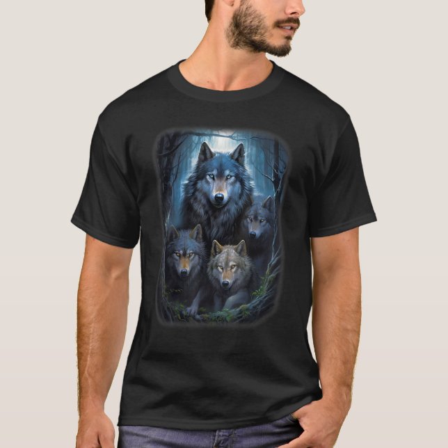 Wolf Wolves in Forest by Night Moon Fantasy Art Wi T-Shirt (Front)