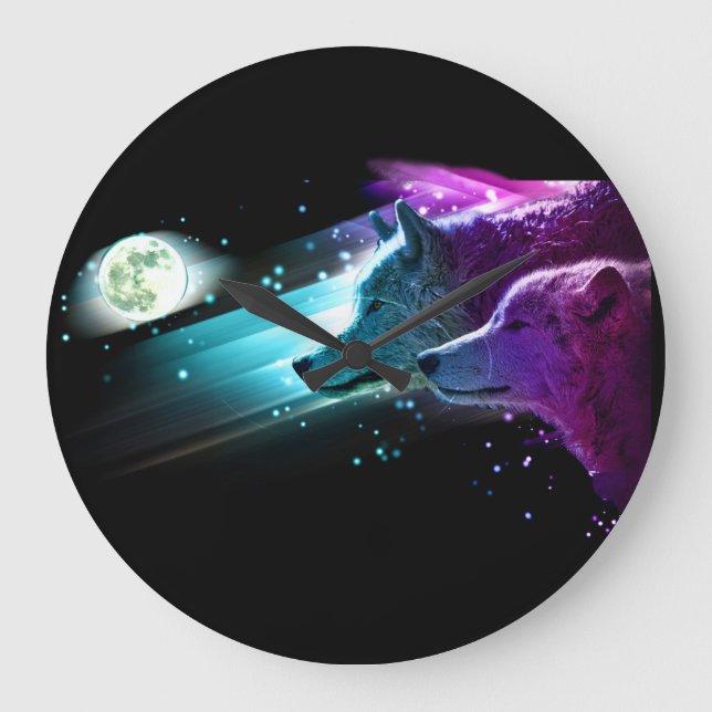 Wolf, Wolves Moon, Moonlight. Spirit Animal Large Clock (Front)