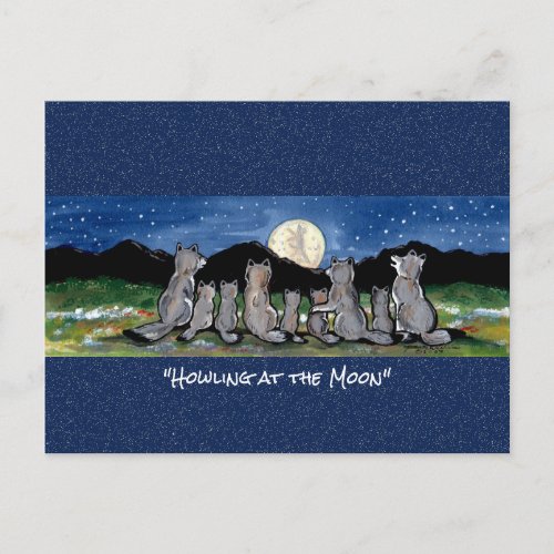 Wolf Wolves Moon Whimsical Watercolor Postcard