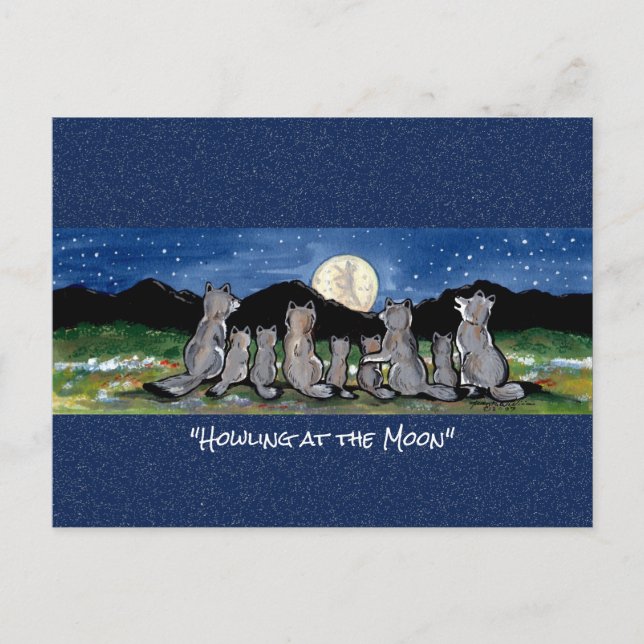 Wolf Wolves Moon Whimsical Watercolor Postcard (Front)